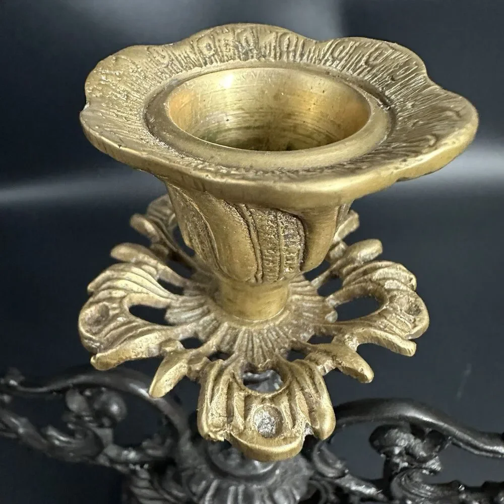 Vintage French Spelter 3 Arm Ornate Candelabra Gilt Brass Holder 8”